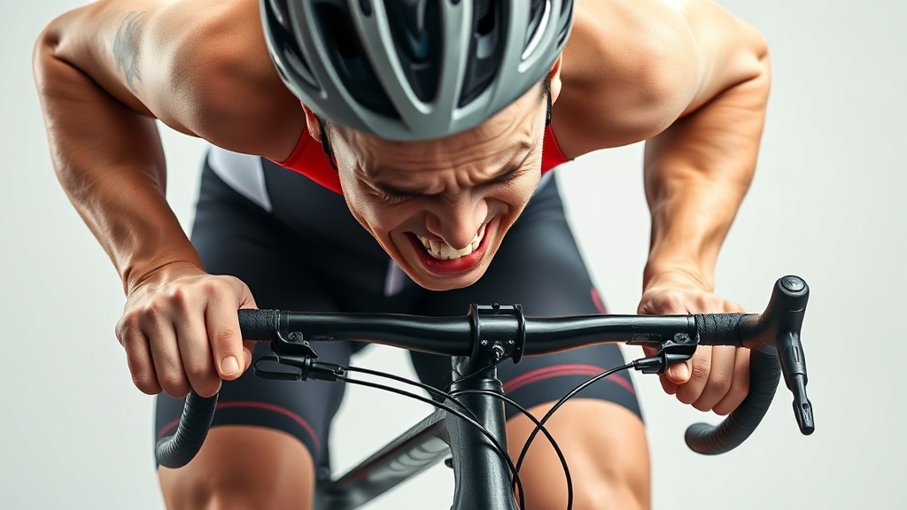 자전거를 타며 허리 통증을 느끼는 라이더의 모습으로, 잘못된 피팅의 위험성을 보여주는 장면
